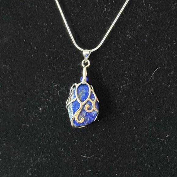 Lapis Lazuli Crystal Rock Silver Wrapped Necklace - Picture 5 of 6